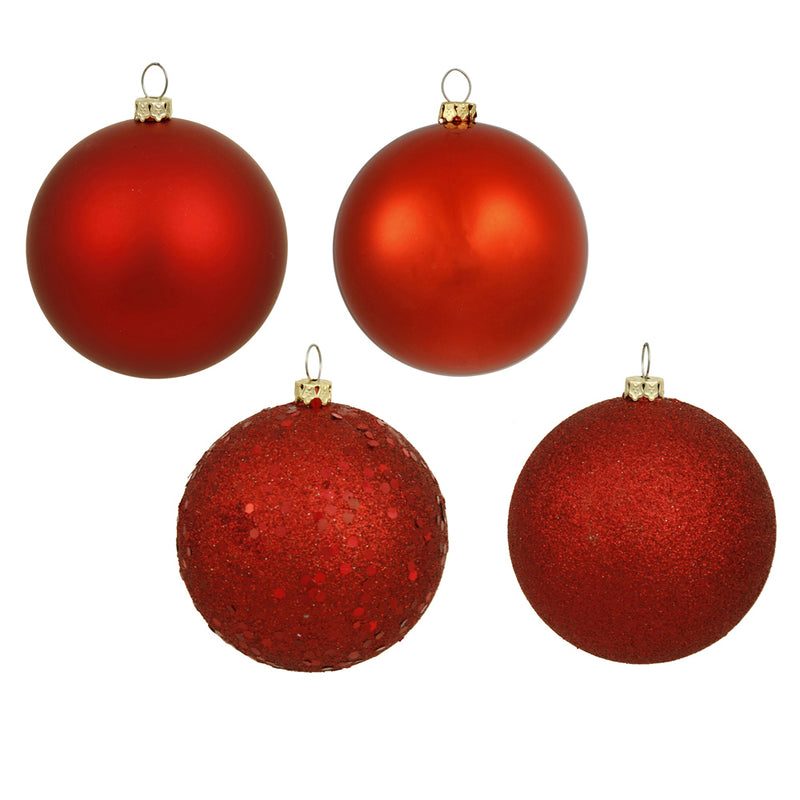 4" Red 4-Finish Ball Ornaments. Assorted Pack of 12