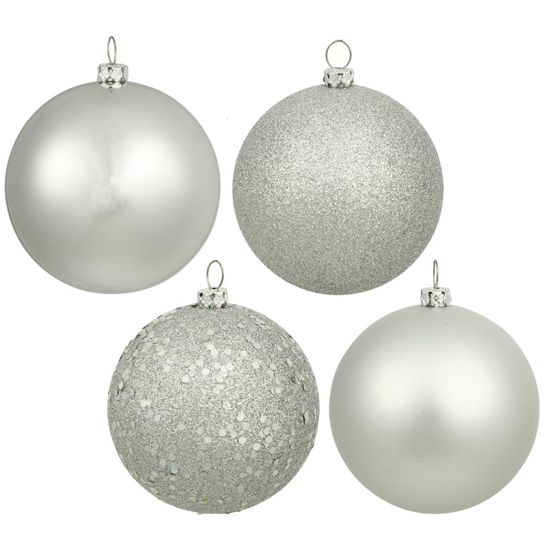 4" Silver 4-Finish Ball Ornaments. Assorted Pack of 12