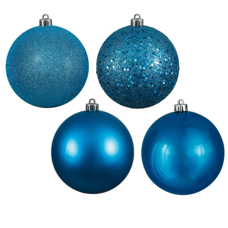 4" Turquoise 4-Finish Ball Ornaments. Assorted Pack of 12