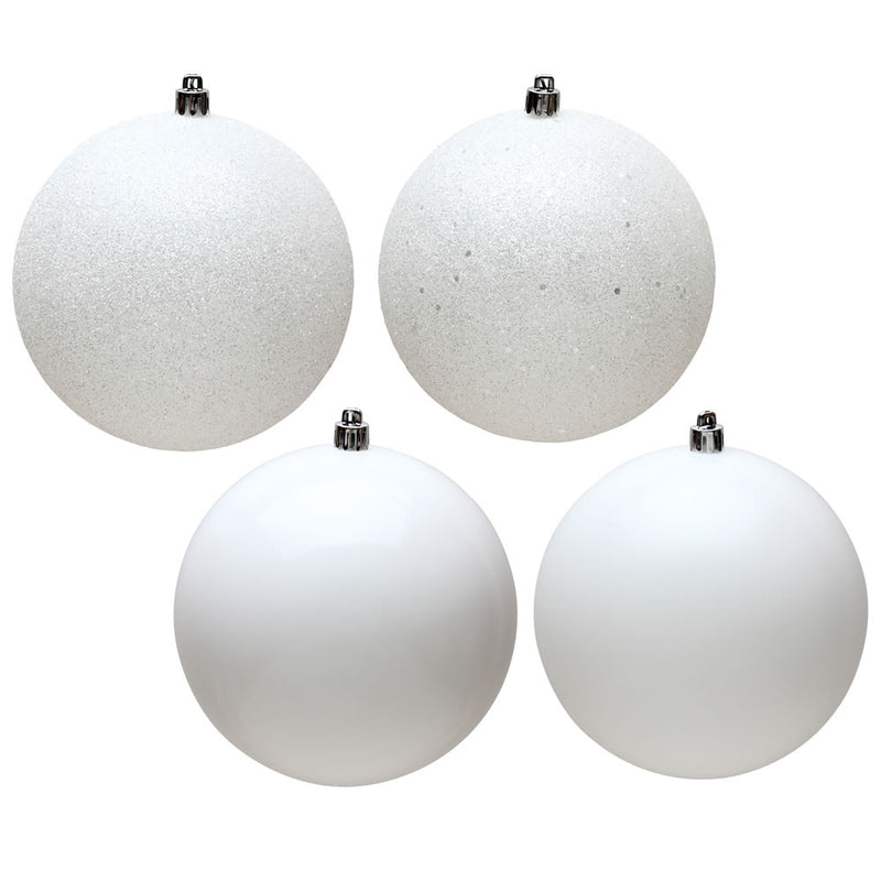 4" White Ball Ornament. 4-Finish Assorted Pack of 12